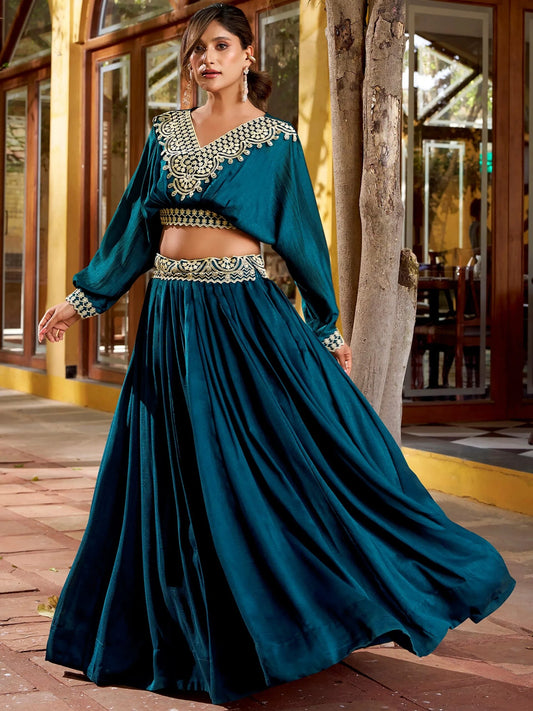 Precious Teal Blue Embroidered Silk Party Wear Crop Top Lehenga