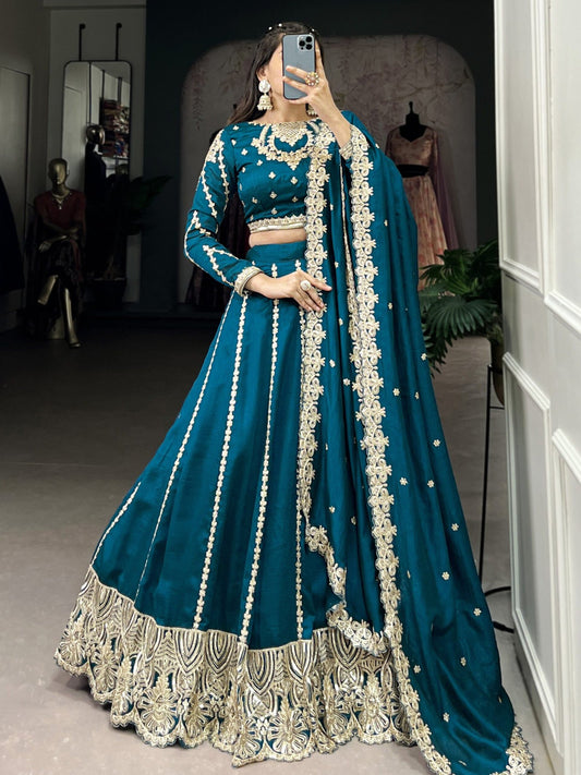 Magnificent Teal Blue Embroidered Vichitra Silk Engagement Wear Lehenga Choli
