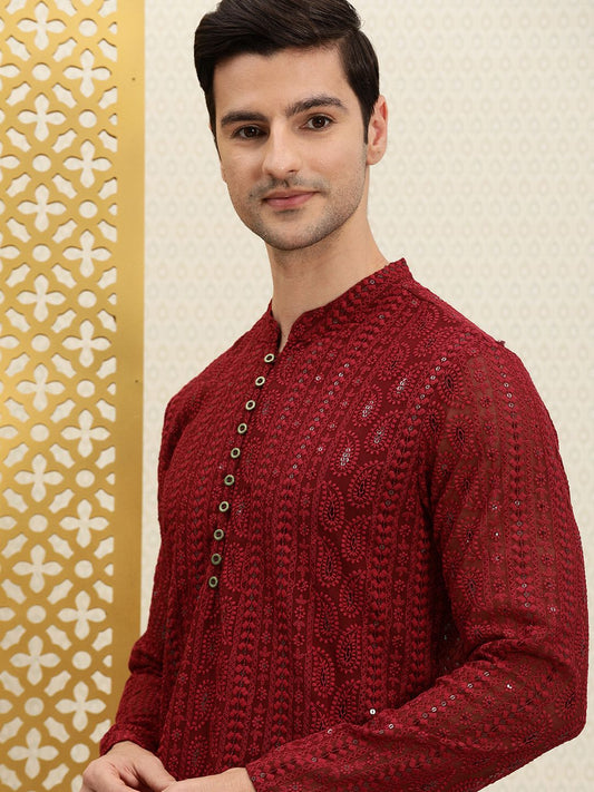 Men Maroon Paisley Regular Jashn Kurta with Patiala - House of Pataudi