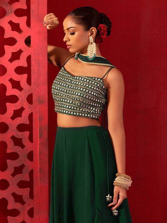 Embellished Sequinned Semi-Stitched Lehenga & Unstitched Blouse With Dupatta- Green
