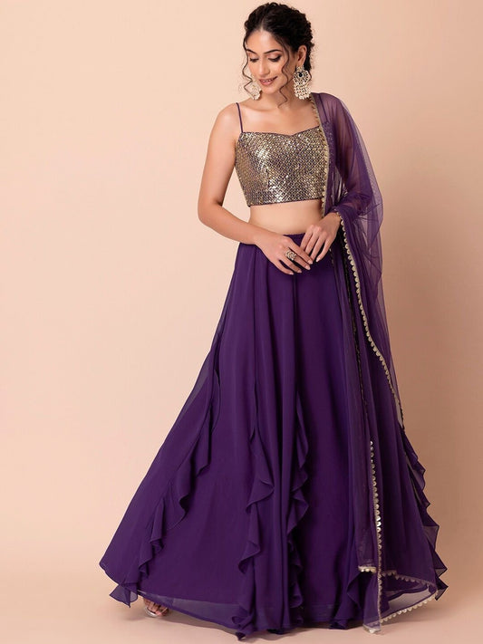Embellished Sequinned Semi-Stitched Lehenga & Unstitched Blouse With Dupatta-Purple