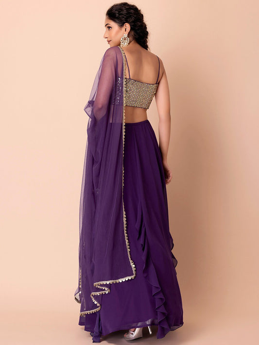 Embellished Sequinned Semi-Stitched Lehenga & Unstitched Blouse With Dupatta-Purple