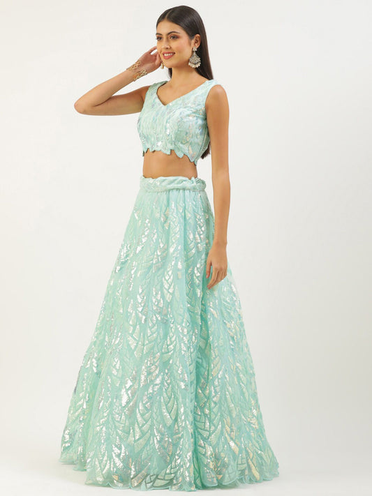 Embroidered Sequinned Semi-Stitched Lehenga and Unstitched Blouse With Dupatta - Blue