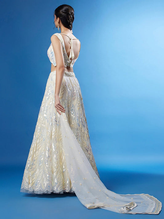Embroidered Sequinned Semi-Stitched Lehenga and Unstitched Blouse With Dupatta - White