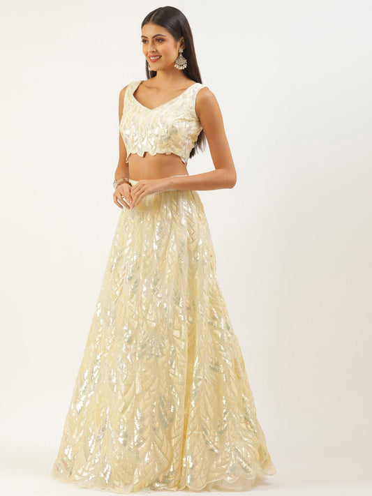 Embroidered Sequinned Semi-Stitched Lehenga and Unstitched Blouse With Dupatta - Beige