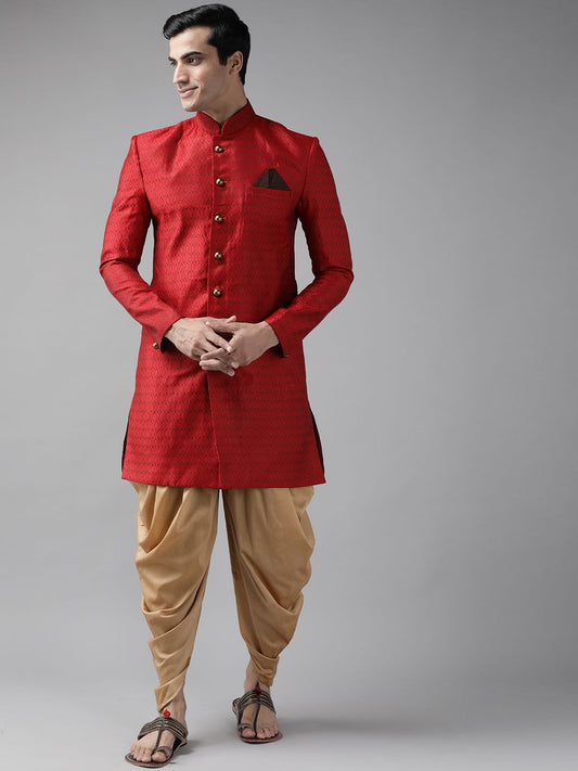 Men Maroon Self-Design Slim Fit Sherwani Top