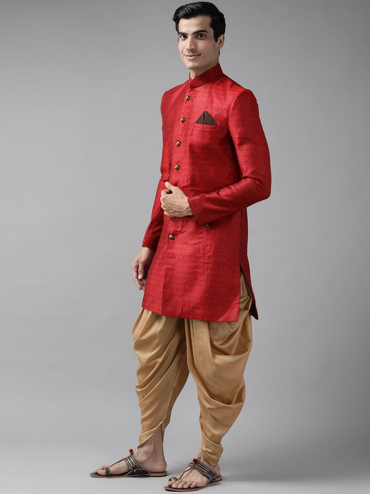 Men Maroon Self-Design Slim Fit Sherwani Top