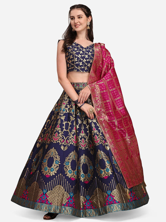 Ready to Wear Lehenga & Unstitched Blouse With Dupatta - Navy & Pink