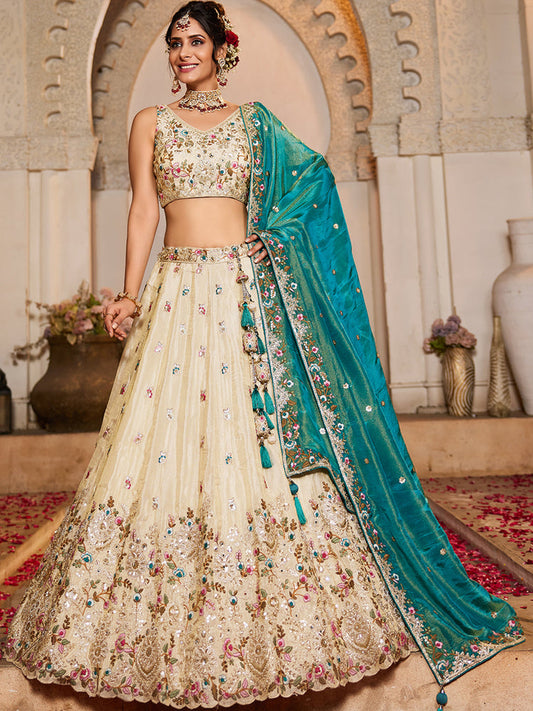 TEAL - Tissue Fabric Sequinse embroidery Semi-Stitched Lehenga choli & Dupatta