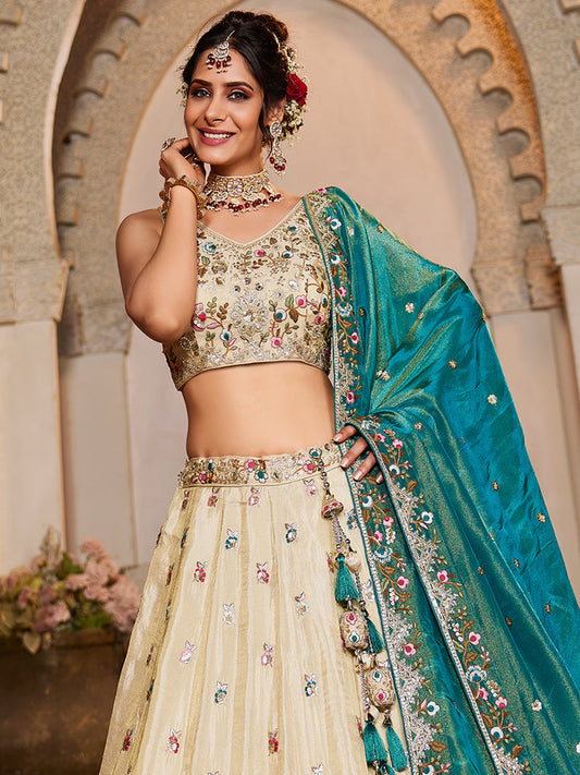 TEAL - Tissue Fabric Sequinse embroidery Semi-Stitched Lehenga choli & Dupatta