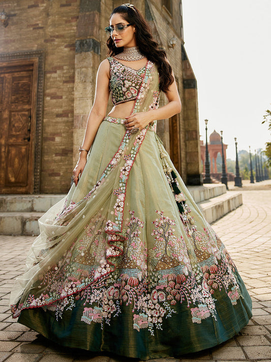 GREEN - Net Sequence Embroidery Semi-Stitched Lehenga choli & Dupatta