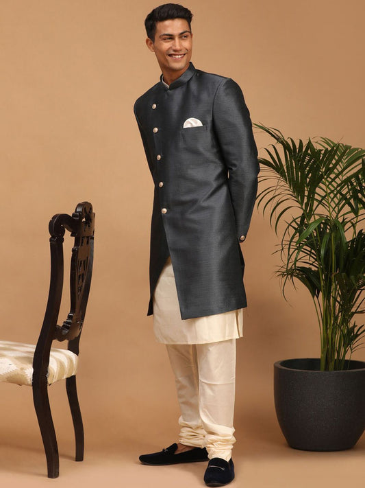 Men Grey Solid Silk Sherwani Jacket