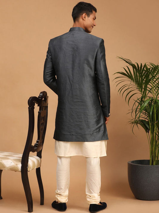 Men Grey Solid Silk Sherwani Jacket