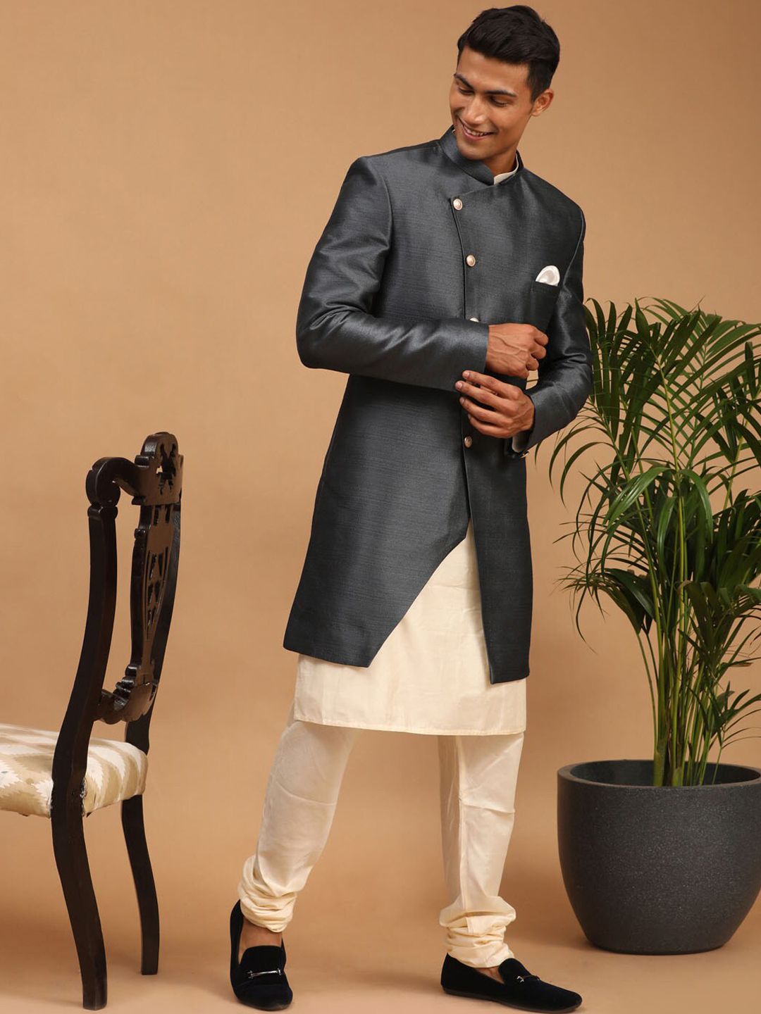 Men Grey Solid Silk Sherwani Jacket