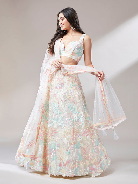 Cream - Net Multi-Sequins Work Semi-Stitched Lehenga