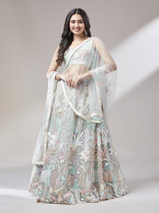 Lime Green Net Multi-Sequins Work Semi-Stitched Lehenga