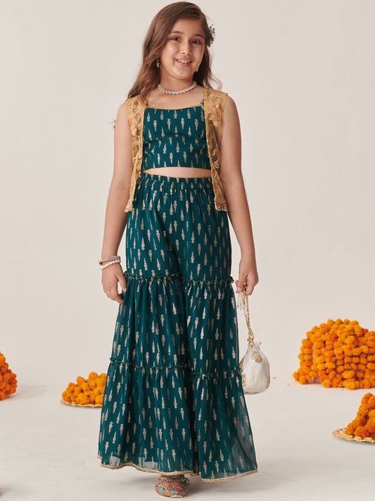 Girls Teal-Green Ethnic Foil Print Georgette A Line Top & Sharara With Short Jacket