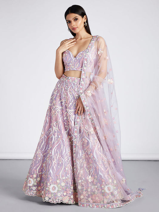 Lavender Net Sequins and thread embroidery Semi-Stitched Lehenga choli & Dupatta