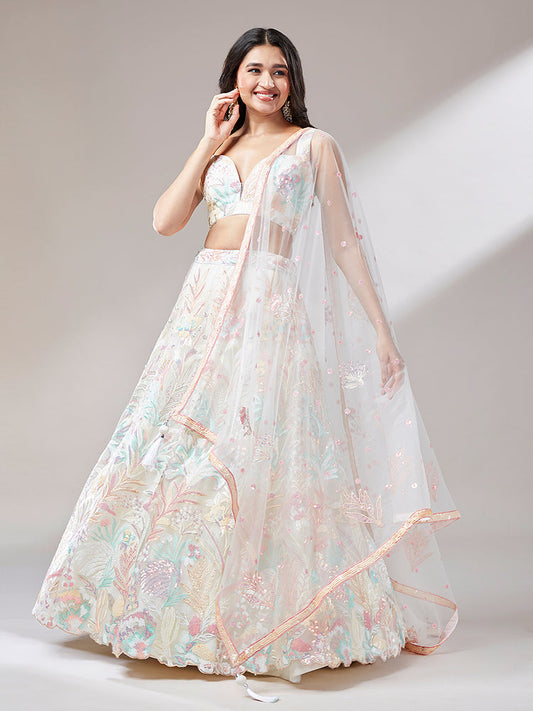 Cream - Net Multi-Sequins Work Semi-Stitched Lehenga