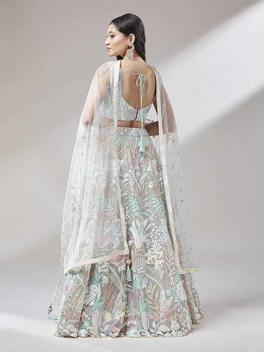 Lime Green Net Multi-Sequins Work Semi-Stitched Lehenga