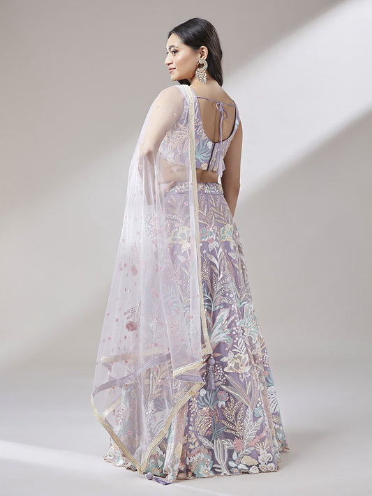 Net Multi-Sequins Work Semi-Stitched Lehenga Lavender
