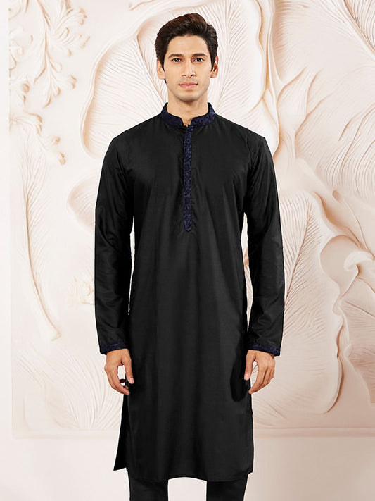 Blue Mandarin Collar Thread Work Straight Kurta