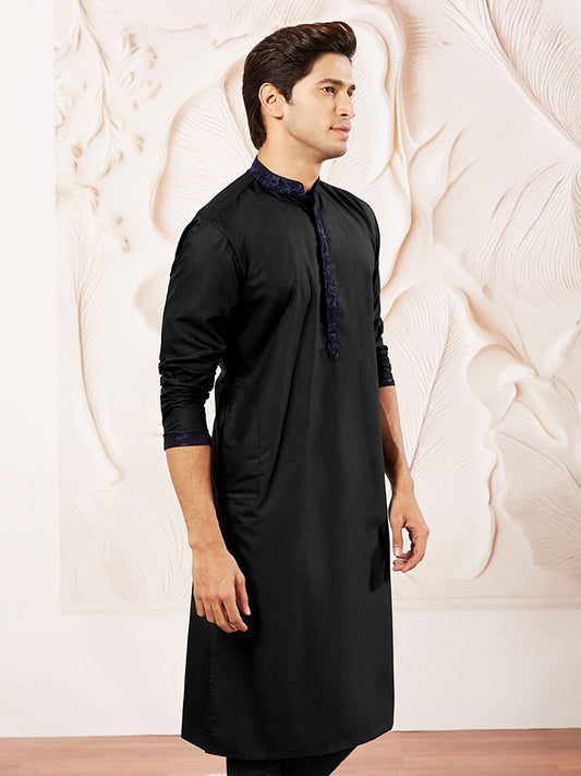 Blue Mandarin Collar Thread Work Straight Kurta
