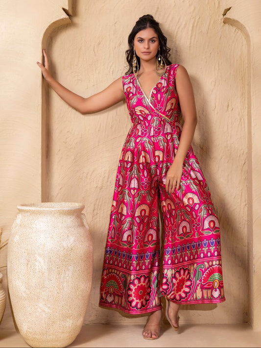 Pink Wide Legged jumpsuit in Gujrati Print