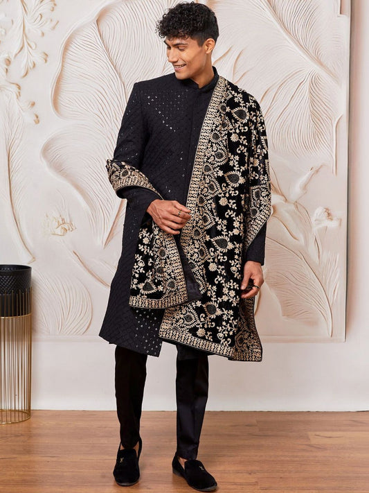 Black Embroidered Mandarin Collar Sherwani Set With Dupatta