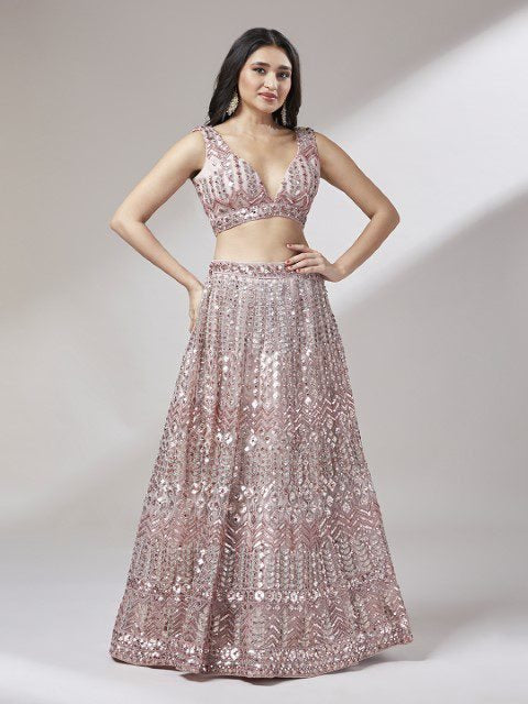 Rose Gold Net Mirror & Sequins embroidery Semi-Stitched Lehenga choli & Dupatta