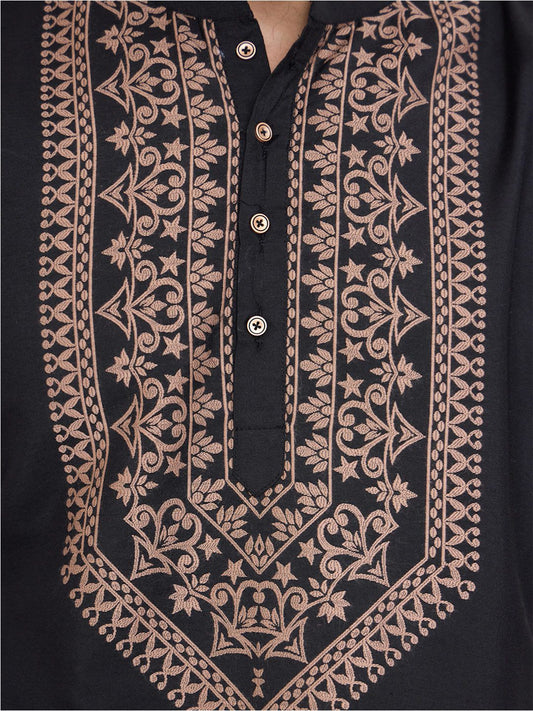Men Silk Jacquard Detailing Short Kurta With Bottom - House of Pataudi