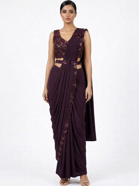 Wine Purple Sequin Embellished Ready-to-Wear Designer Saree with Floral Blouse