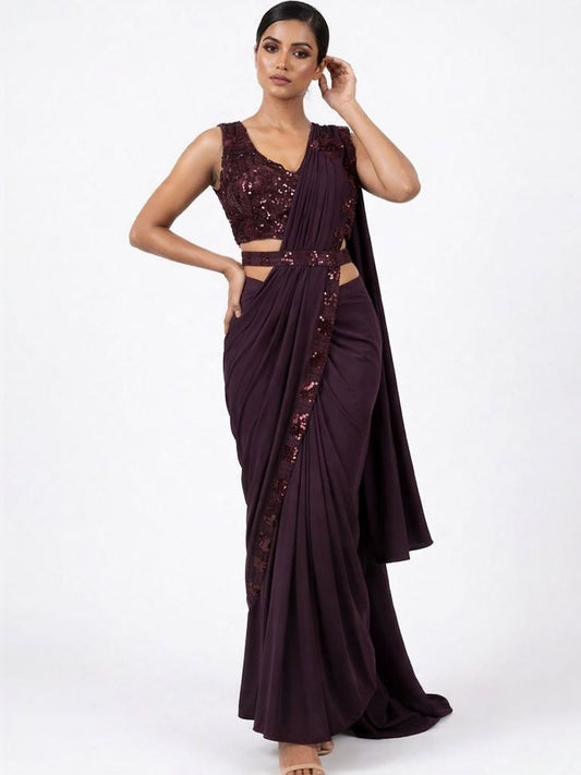 Wine Purple Sequin Embellished Ready-to-Wear Designer Saree with Floral Blouse