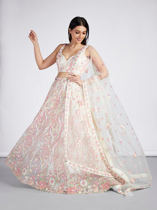 Cream Net Sequins and thread embroidery Semi-Stitched Lehenga choli Dupatta