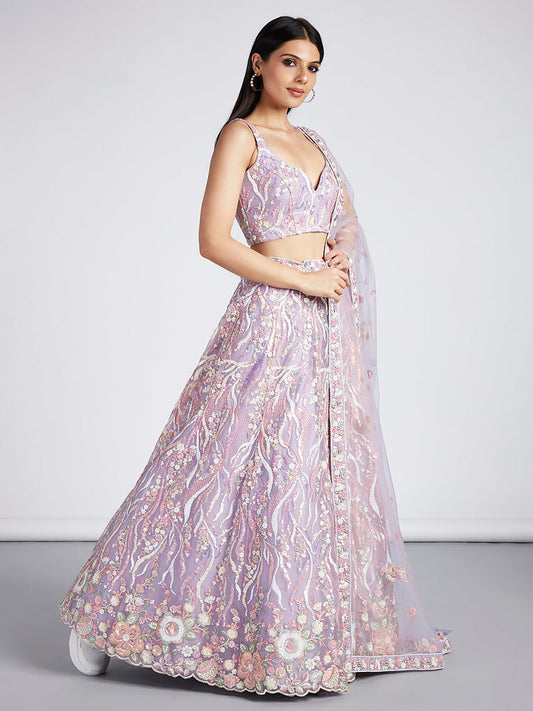 Lavender Net Sequins and thread embroidery Semi-Stitched Lehenga choli & Dupatta