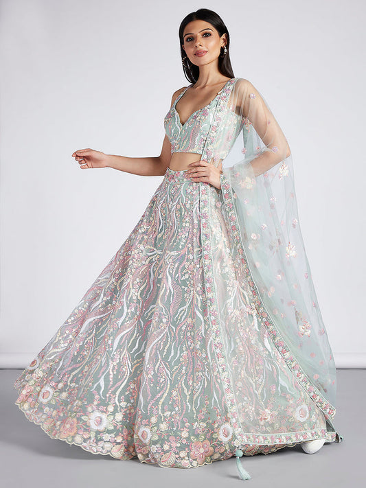 Lime Green Net Sequins and thread embroidery Semi-Stitched Lehenga choli Dupatta