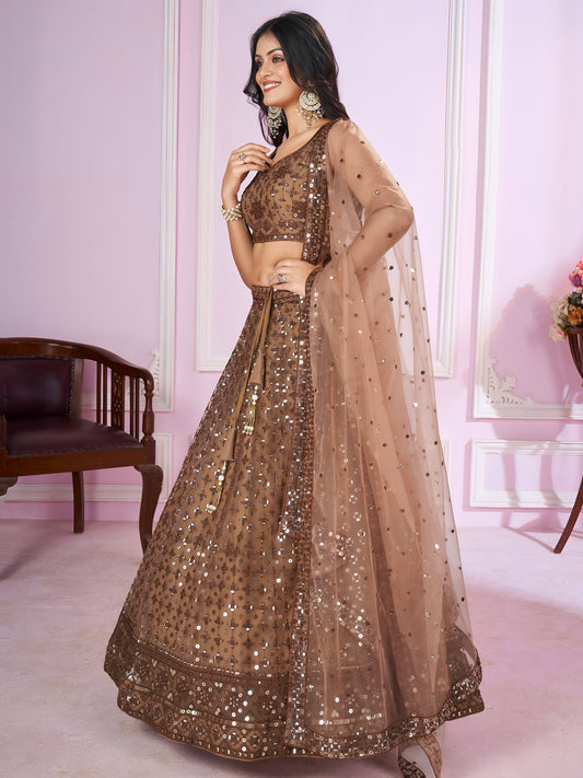 Attractive Brown Sequins Soft Net Engagement Wear Lehenga Choli