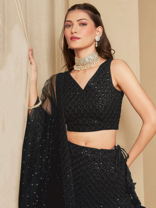 Black Bridesmaid Unstitched Blouse & Semi-Stitched Lehenga Choli