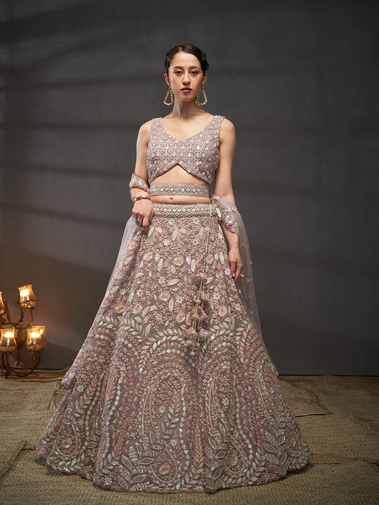 Mauve - Multi Sequins Heavy Zarkan Net Embroidered Semi-Stitched Bridal Lehenga choli