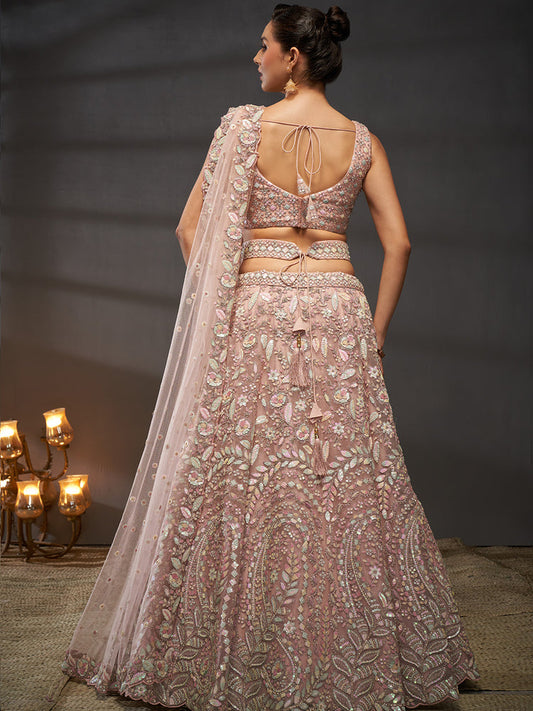 Pink - Multi Sequins Heavy Zarkan Net Embroidered Semi-Stitched Bridal Lehenga choli