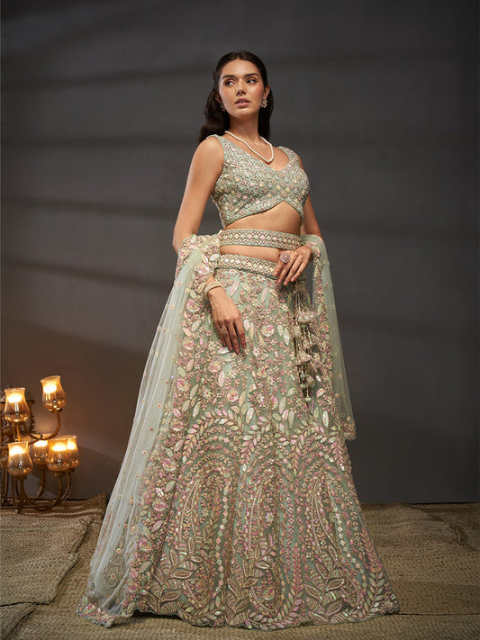 Seagreen - Multi Sequins Heavy Zarkan Net Embroidered Semi-Stitched Bridal Lehenga choli