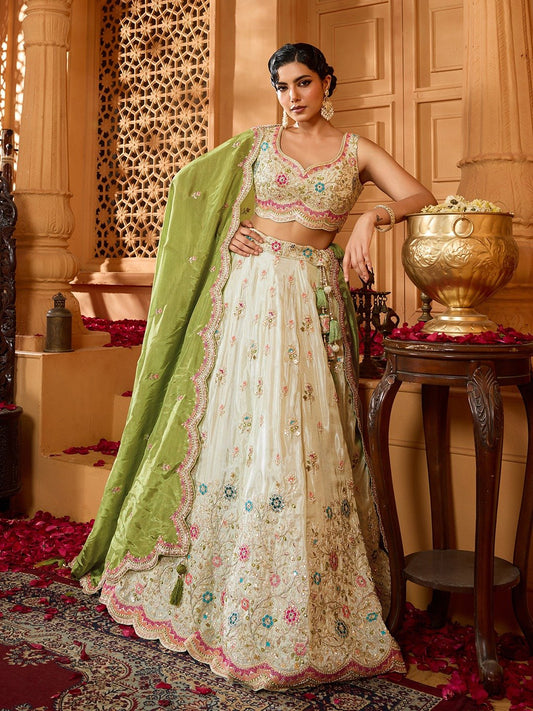 Limegreen- Tissue Fabric Sequins embroidery Semi-Stitched Lehenga & Unstitched Blouse With Dupatta