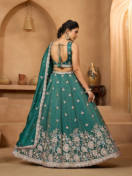 Green- Tissue Fabric Sequins embroidery Semi-Stitched Lehenga & Unstitched Blouse With Dupatta