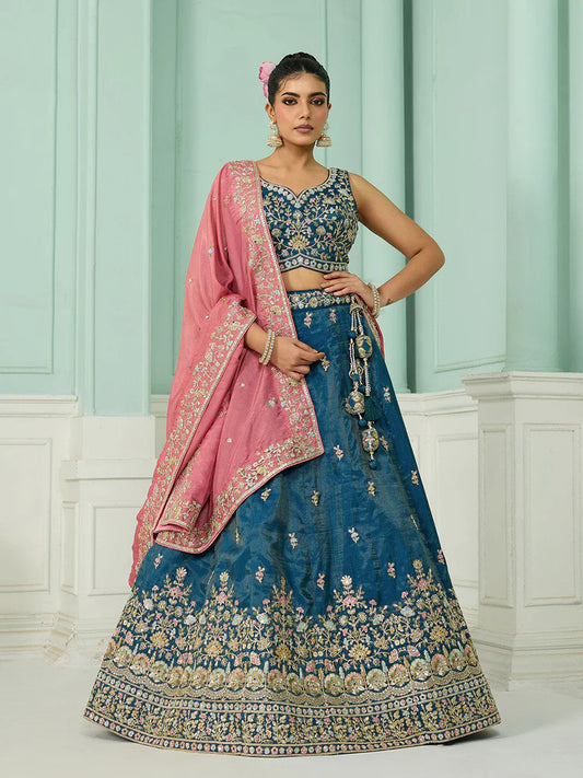 Teal- Silk Fabric Sequins embroidery Semi-Stitched Lehenga & Unstitched Blouse With Dupatta