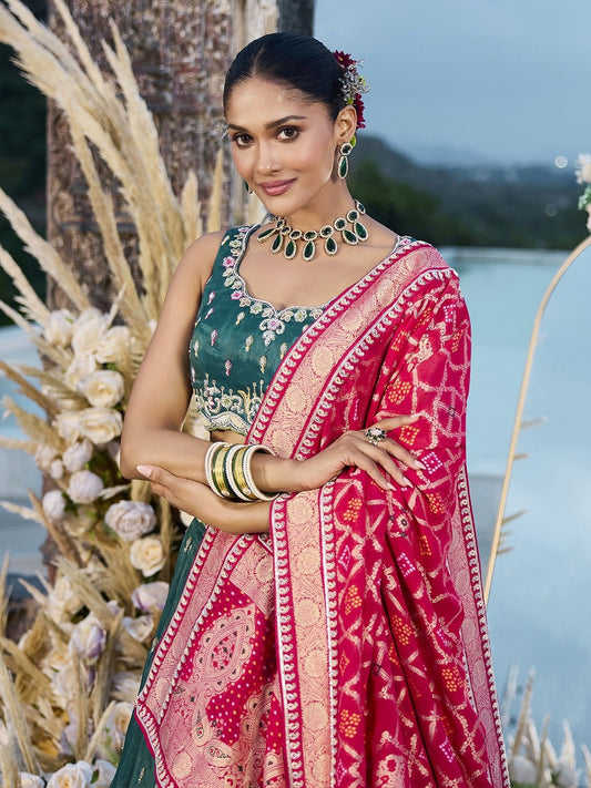 Green- Cosmos Silk Fabric Beads & Sequince Embroidered Semi-Stitched Lehenga Unstitched Blouse & Dupatta