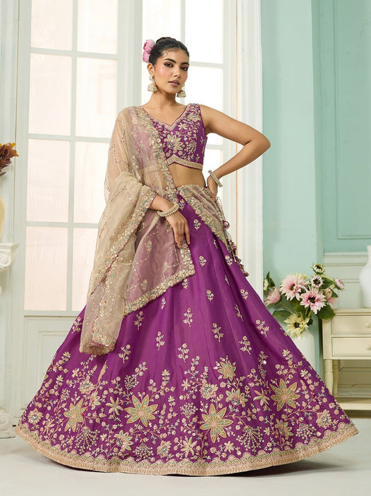 Purple- Georgette Fabric Sequins embroidery Semi-Stitched Lehenga & Unstitched Blouse With Dupatta