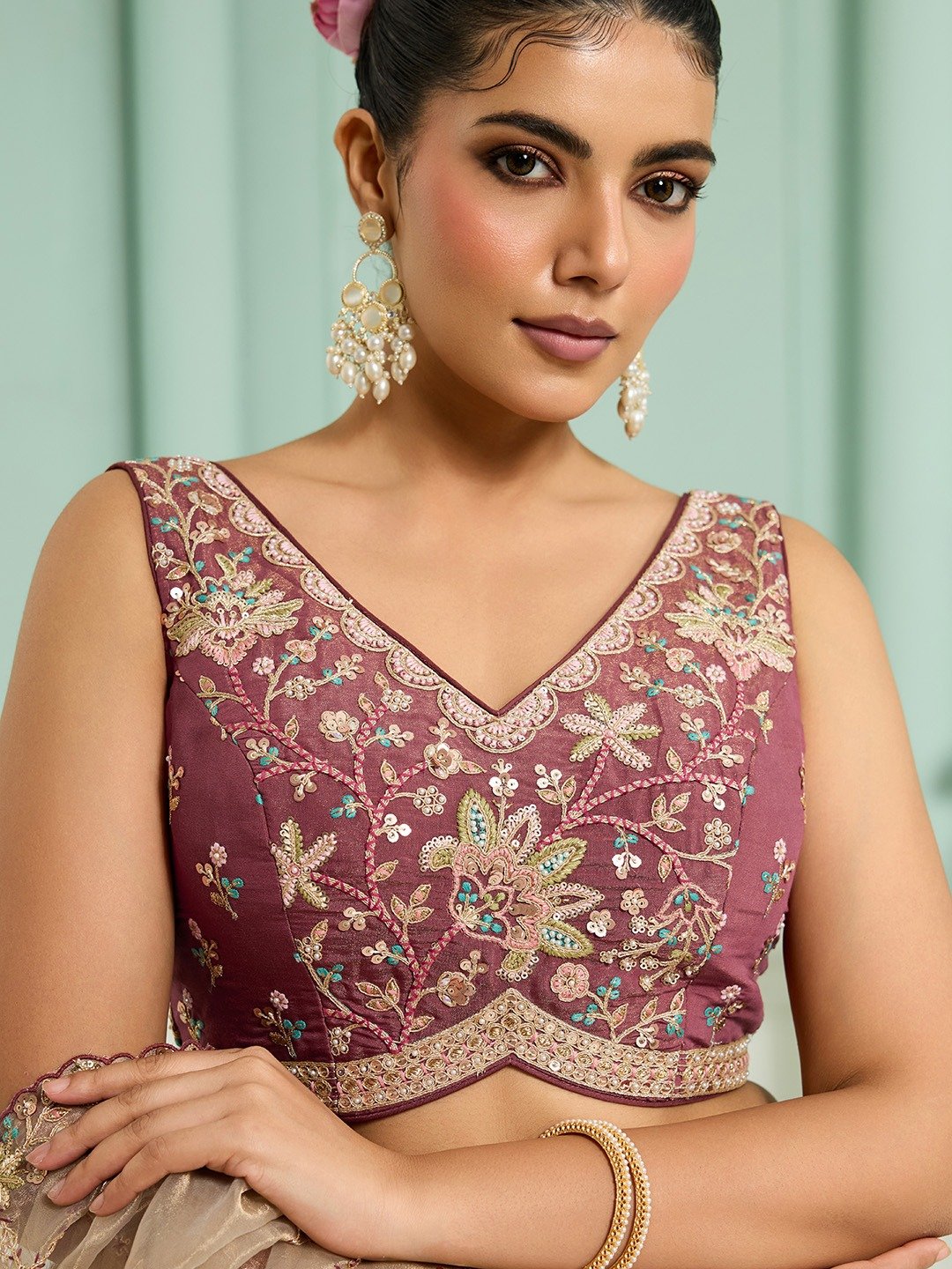 Rosegold- Georgette Fabric Sequins embroidery Semi-Stitched Lehenga & Unstitched Blouse With Dupatta
