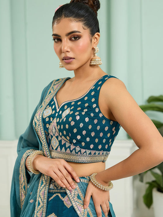 Teal- Silk Fabric Sequins embroidery Semi-Stitched Lehenga & Unstitched Blouse With Dupatta