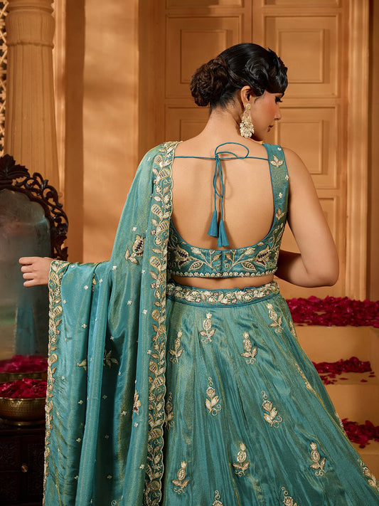 Green- Tissue Fabric Sequins embroidery Semi-Stitched Lehenga & Unstitched Blouse With Dupatta