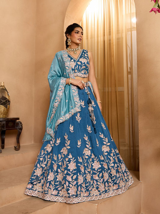 Teal- Silk Fabric Sequins embroidery Semi-Stitched Lehenga & Unstitched Blouse With Dupatta